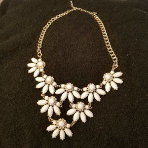 White Flower and Rhinestone Statement Necklace